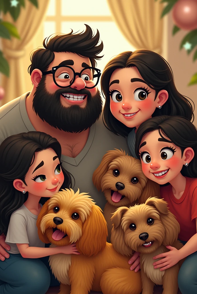 A chubby man with a dark beard, long hair and black glasses with a chubby woman with braces and glasses with shoulder-length hair, a chubby girl with long hair and a mole near her mouth ,A thin girl with hair below her shoulders, one with hair above the shoulder and with bangs, a small dog with curly hair of the Yorkshire breed and another dog of the Yorkshire breed in yellow color. 
