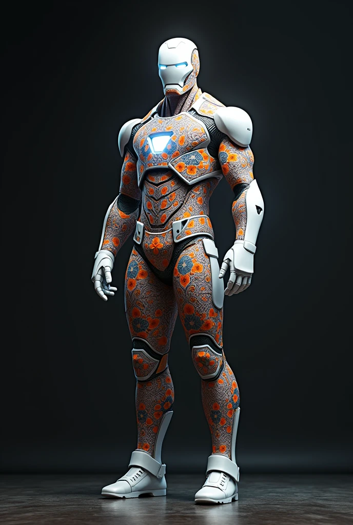 White Iron man wearing traditional Filipino-patterned suit in dark background