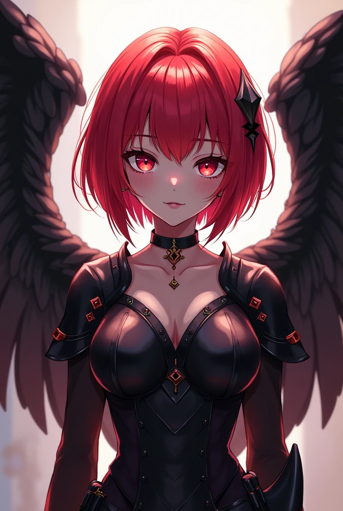 beautiful angel girl, anime style, short reddish hair, black wings, Red eyes, Black choker, black armor