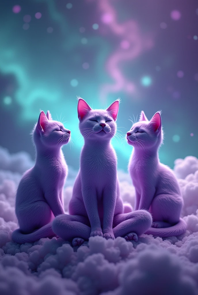 Create three cute cats, hiper realisitic, realisitic, They are meditating, they are purple, Are they happy, and the background is the turquoise and purple galaxy