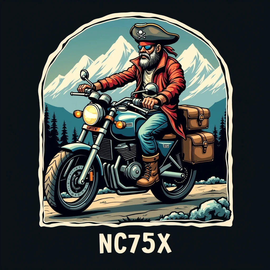 ((vector logo with white border)), ((Honda NC750X model year 2016)) , ((trail bike with suitcases)), ((pirate driving motorcycle)), (((create a vector logo with a white border of a pirate riding a slingshot TRAIL))), mountains background