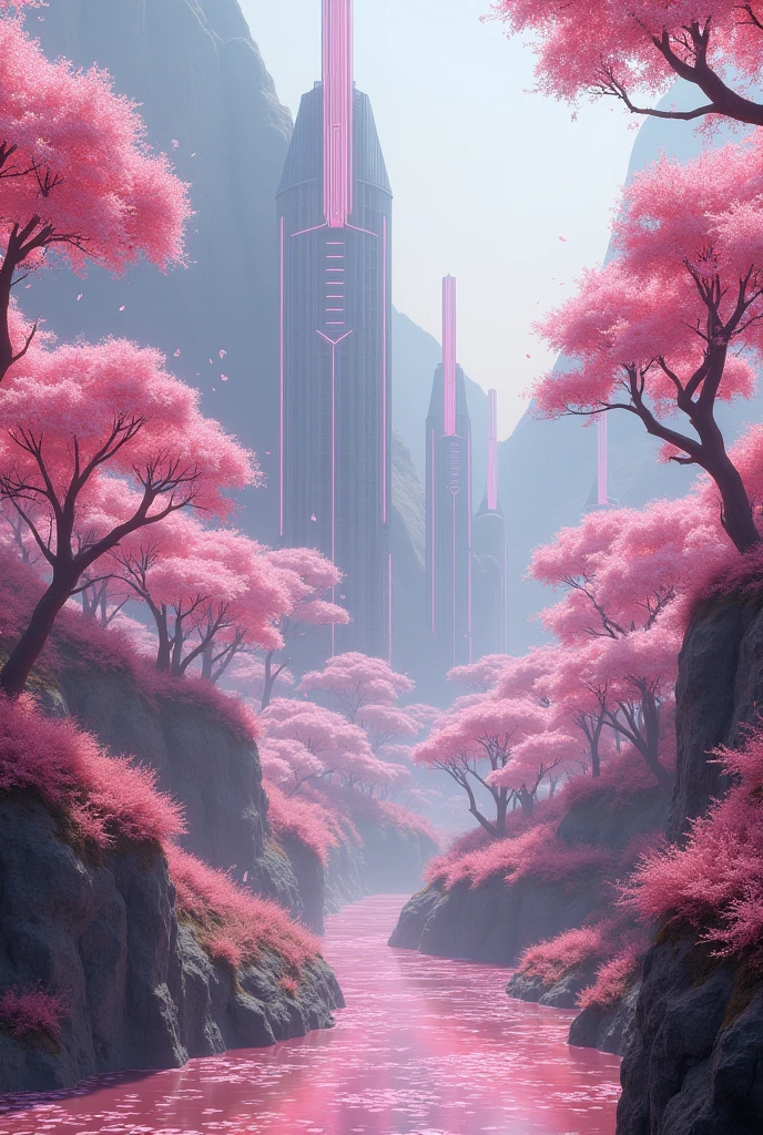 A vast and futuristic kingdom of the Sakurianas set in 3000 d.C. in China. The kingdom is situated within a sprawling, ultra-modern forest of Sakura trees, where petals fall continuously, enhanced by advanced technology to create a mesmerizing, otherworldly atmosphere. The Sakura trees are embedded with bioengineered, luminescent elements that emit a gentle, shifting glow in various shades of pink.The architecture features towering, transparent spires and floating habitats, constructed from cutting-edge materials with self-repairing capabilities. These structures are connected by suspended pathways made of adaptive smart glass, capable of adjusting its opacity and color to harmonize with the surrounding environment.The kingdom is shielded by energy barriers formed from an advanced, holographic technology that mimics the delicate appearance of Sakura petals while providing impenetrable protection. High-tech observation towers, adorned with dynamic holograms of Sakura blossoms, serve as defense stations, with Sakurianas utilizing advanced AI systems and drones to maintain vigilance and control the defensive barriers.Floating gardens, maintained by autonomous nanotechnology, hover above the kingdom and are sustained by sophisticated hydroponic and aeroponic systems. Rivers of artificially generated glowing Sakura petals meander through the kingdom, contributing to a tranquil and ethereal ambiance. Majestic, high-tech mountains with integrated energy harvesting systems surround the kingdom, adding to its stunning natural beauty and creating a profound sense of seclusion from the outside world.