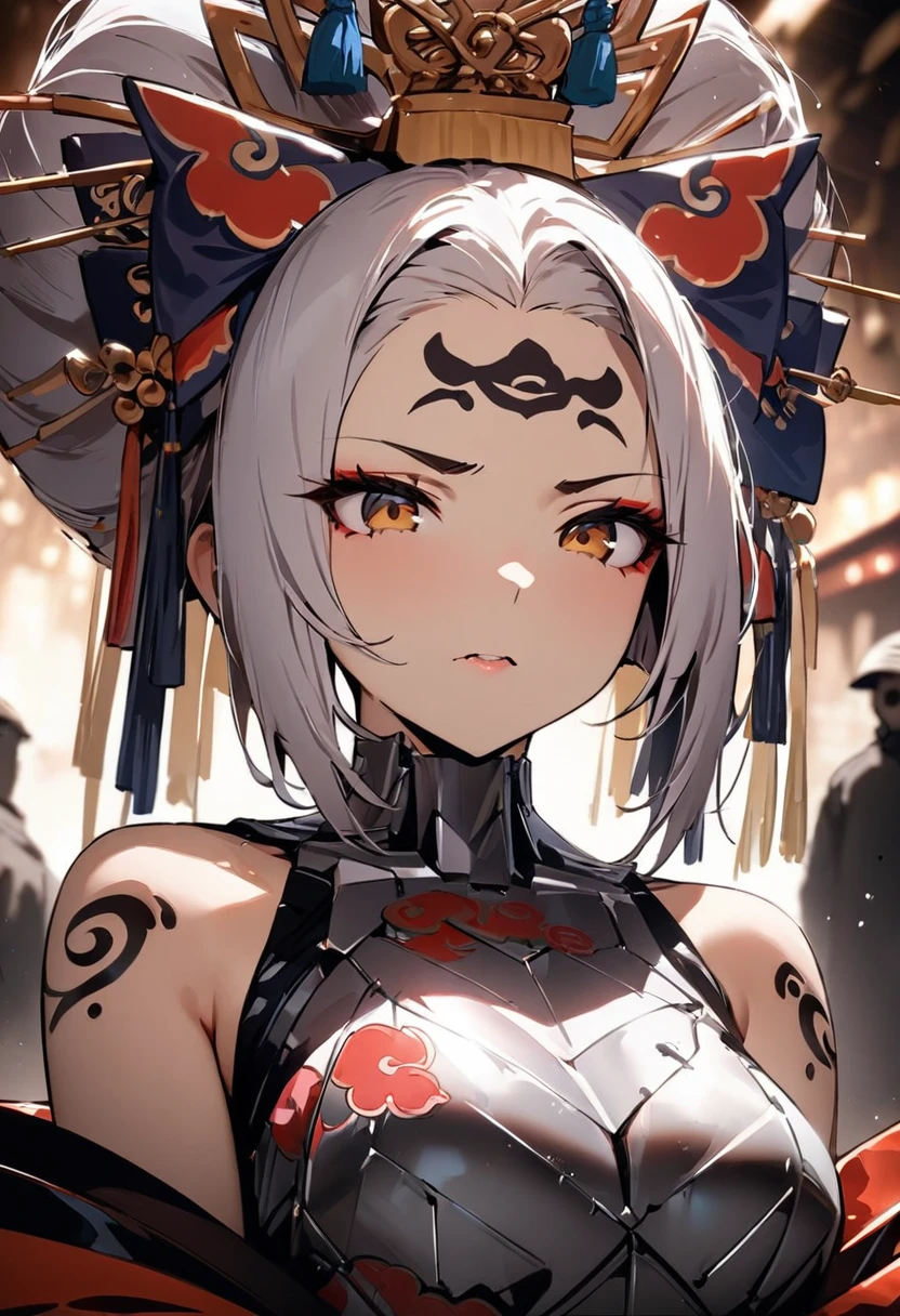 Ink painting, (((1 girl))), (((Tattoo in the middle of the forehead))),(((In the background is the Akatsuki moon))), (((Oiran))), (((Great hair accessories))), Demon possession, ((Masterpiece:1.2)), ((Highest quality)), (((Upper body covered))), close up, 1 woman ,the human, Silver hair, Upper body cyber armor, helmet , Neon Ritual Science Fiction Peter Elson Jean Giraud Dramatic Lighting (Masterpiece, Best quality),