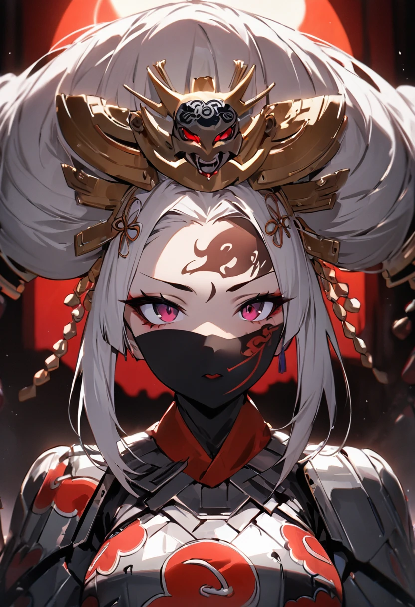 Ink painting, (((1 girl))), (((Tattoo in the middle of the forehead))),(((In the background is the Akatsuki moon))), (((Oiran))), (((Great hair accessories))), Demon possession, ((Masterpiece:1.2)), ((Highest quality)), (((Upper body covered))), close up, 1 woman ,the human, Silver hair, Upper body cyber armor, helmet , Neon Ritual Science Fiction Peter Elson Jean Giraud Dramatic Lighting (Masterpiece, Best quality),