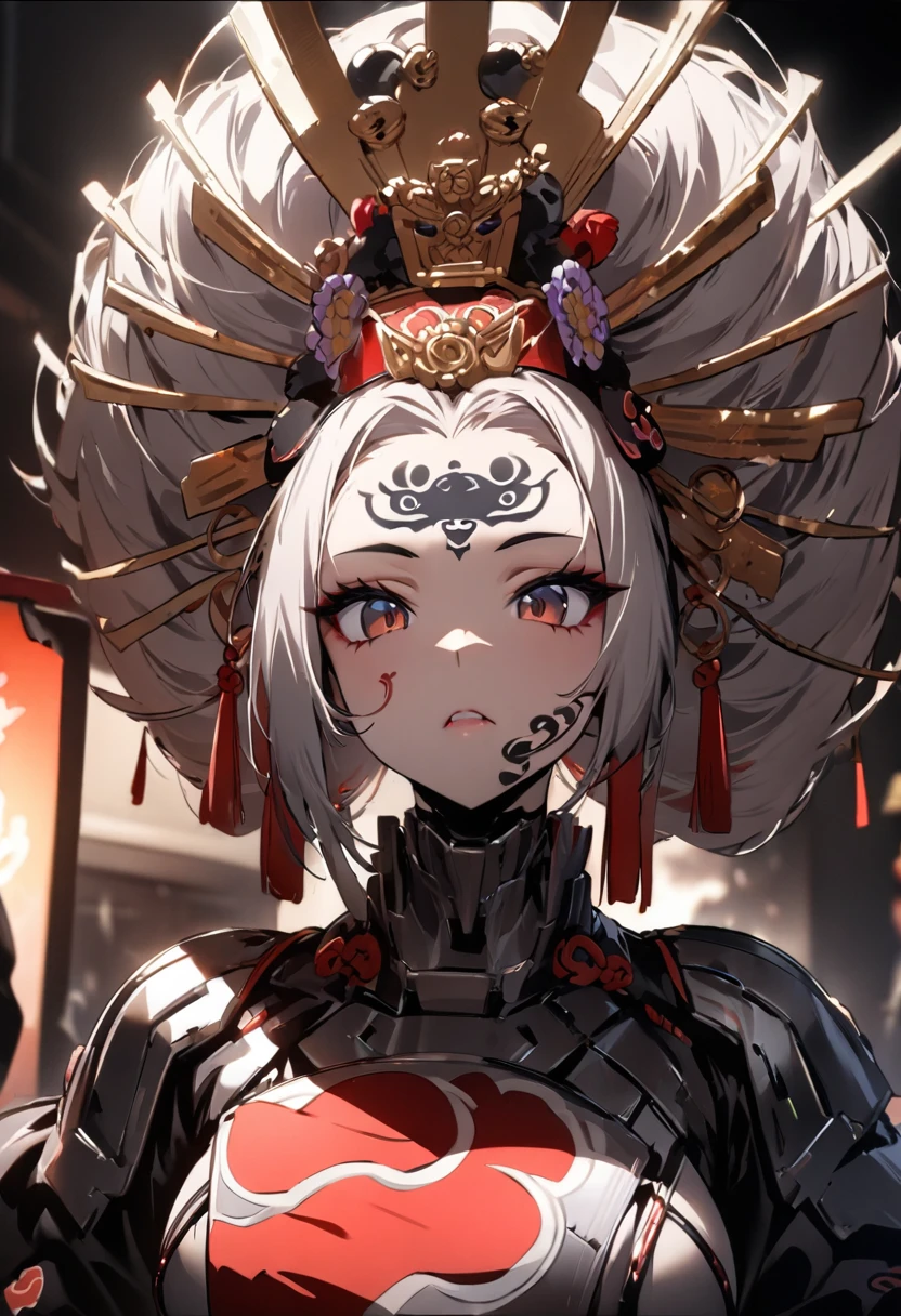 Ink painting, (((1 girl))), (((Tattoo in the middle of the forehead))),(((In the background is the Akatsuki moon))), (((Oiran))), (((Great hair accessories))), Demon possession, ((Masterpiece:1.2)), ((Highest quality)), (((Upper body covered))), close up, 1 woman ,the human, Silver hair, Upper body cyber armor, helmet , Neon Ritual Science Fiction Peter Elson Jean Giraud Dramatic Lighting (Masterpiece, Best quality), 
