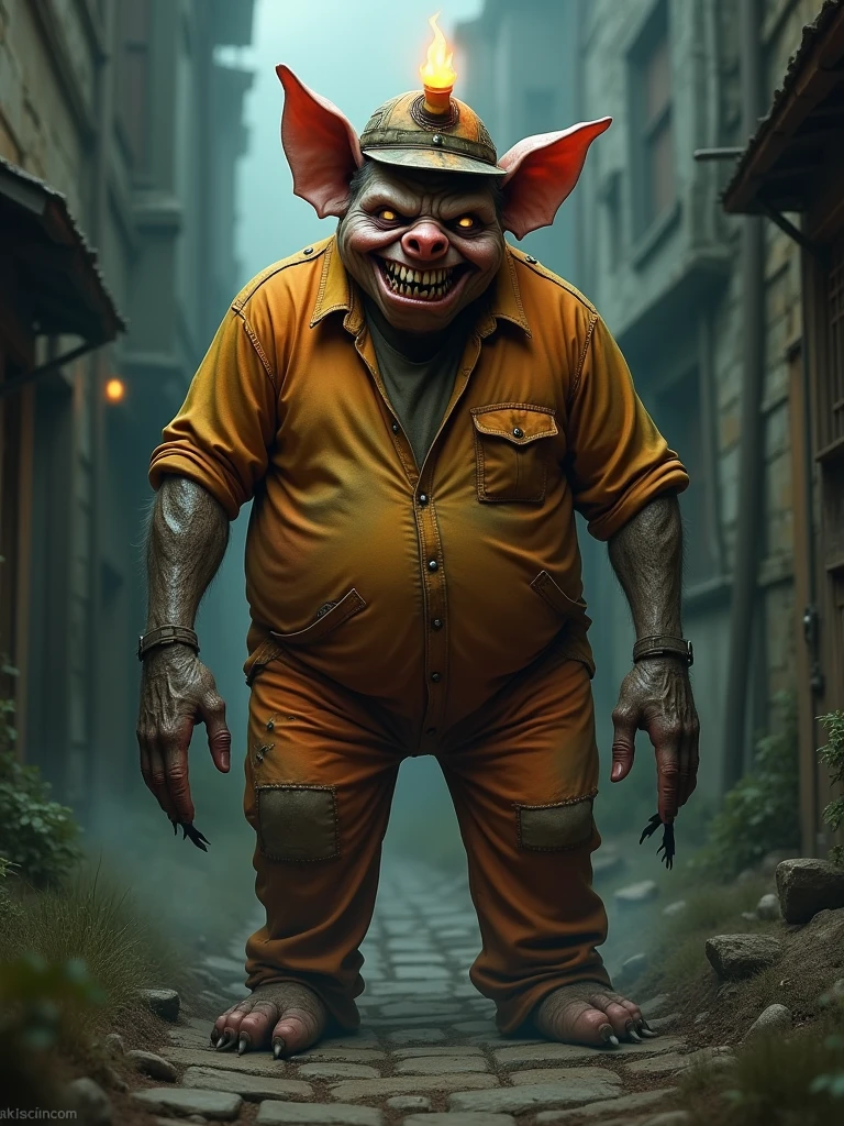A big grotesque, non-human humanoid creature with a distorted, toothless grin stretching unnaturally across its face. Its eyes are perpetually closed, adding an air of eerie mystery. It wears a worn miner's hat with a dim torch flickering on top. The creature's skin is gnarled and twisted, with pig ears crudely sewn onto its head. Its torso and legs are massive and hulking, contrasting sharply with its thin, grotesquely elongated arms. The creature is clad in a tattered orange jumpsuit over a faded yellow shirt. It is an ancient, malevolent being that feeds on the souls of children. (full body)