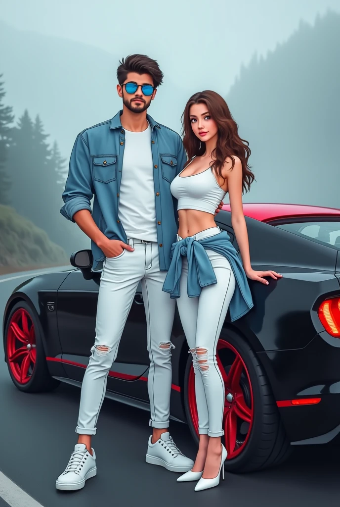 Create a anime style landscape image. Stylish and modern photograph featuring a young man and woman posing next to a black car with a red roof. The man, with a medium skin tone, has short dark hair, a beard, and is wearing blue sunglasses, a light blue denim shirt over a white t-shirt, white pants, and white sneakers. The woman, with a fair skin tone, has long, wavy brown hair and is dressed in a white sleeveless top, white ripped jeans, and white high-heeled shoes. She has a light blue denim jacket tied around her waist. The background is a misty, overcast setting with a road and cloudy sky, adding a dramatic effect to the scene.