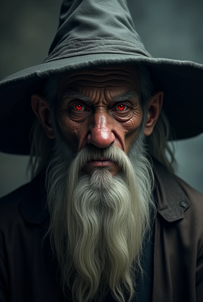 Wizard with a big nose and a wart on it And with a wizard hat and scary red eyes, old man face