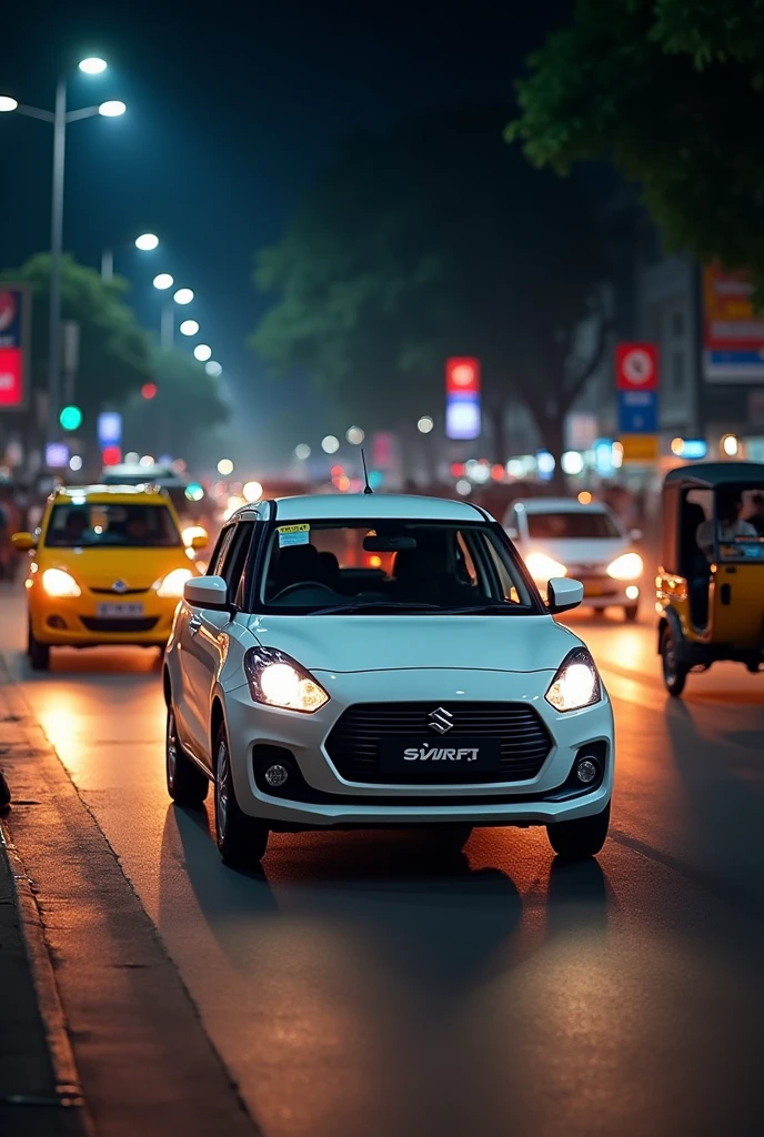 White swift vdi with registration number HR13 M 2072 hsrpdriving in indian traffic night front
