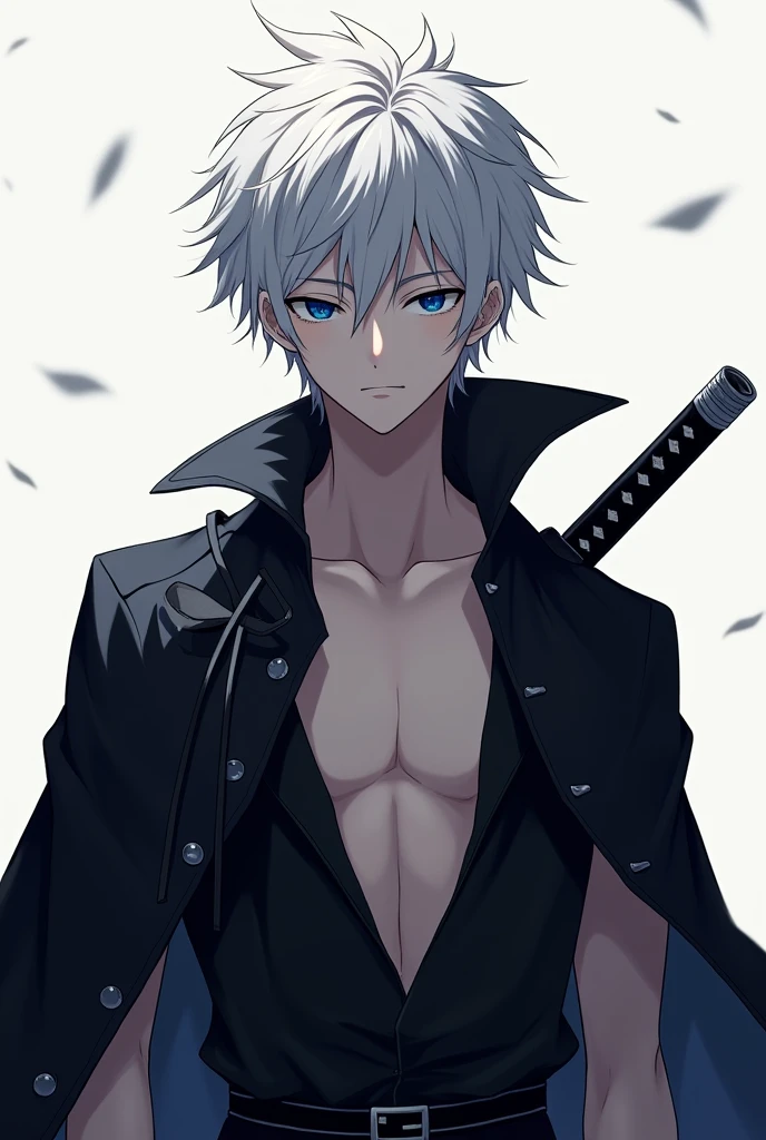 short white hair anime handsome boy with emotionless dark blue sharp eyes, white hair toned, with katana wearing open wide collar black shirt with a pirate cape in the shoulders, white skin tone