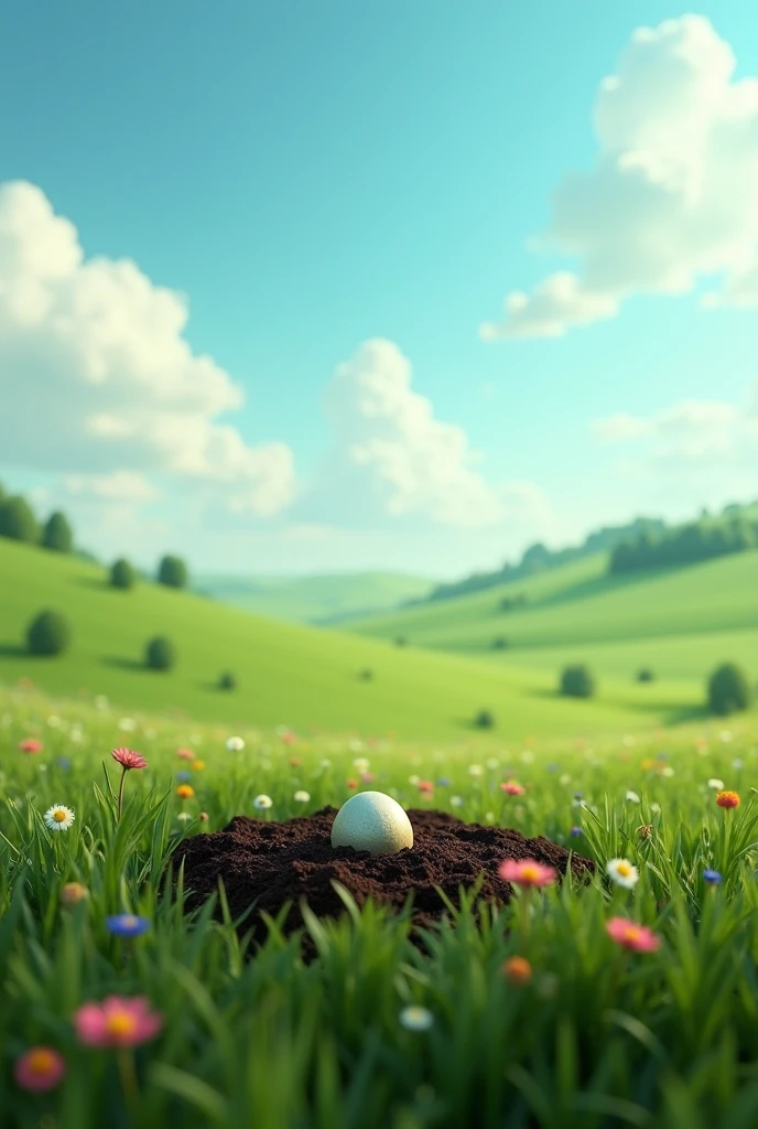 A tiny seed nestled in the middle of a vast, lush green field. The sky above is blue with fluffy white clouds, and the field is dotted with a few colorful wildflowers. The seed looks small and fragile, with a slight shimmer, as it lies on the rich, dark soil.