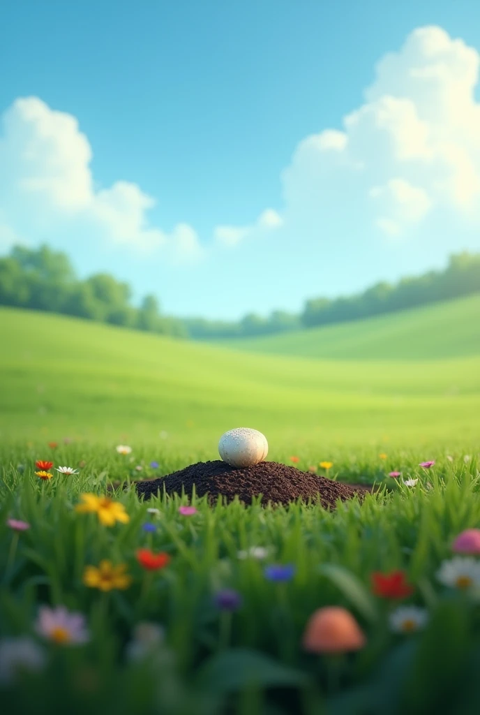 A tiny seed nestled in the middle of a vast, lush green field. The sky above is blue with fluffy white clouds, and the field is dotted with a few colorful wildflowers. The seed looks small and fragile, with a slight shimmer, as it lies on the rich, dark soil.