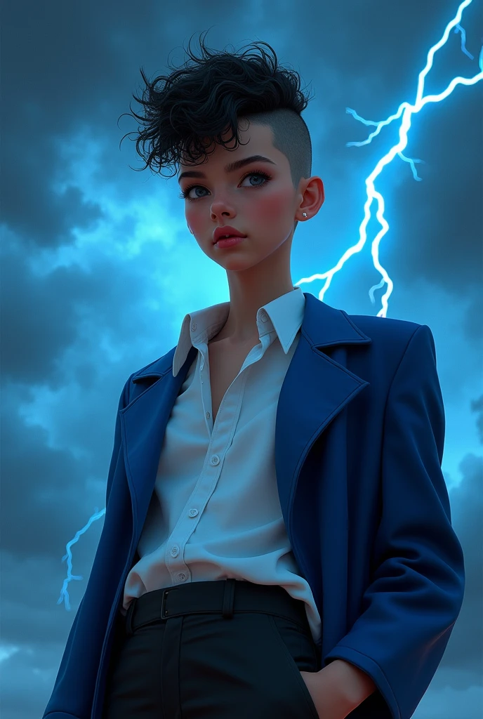 teenager , tall and slim, tanned white skin, blue-brown eyes and red lips. black and curly hair, shaved on the sides. Wearing a white shirt and a blue coat and black pants. Blue lightning and dark clouds in the background