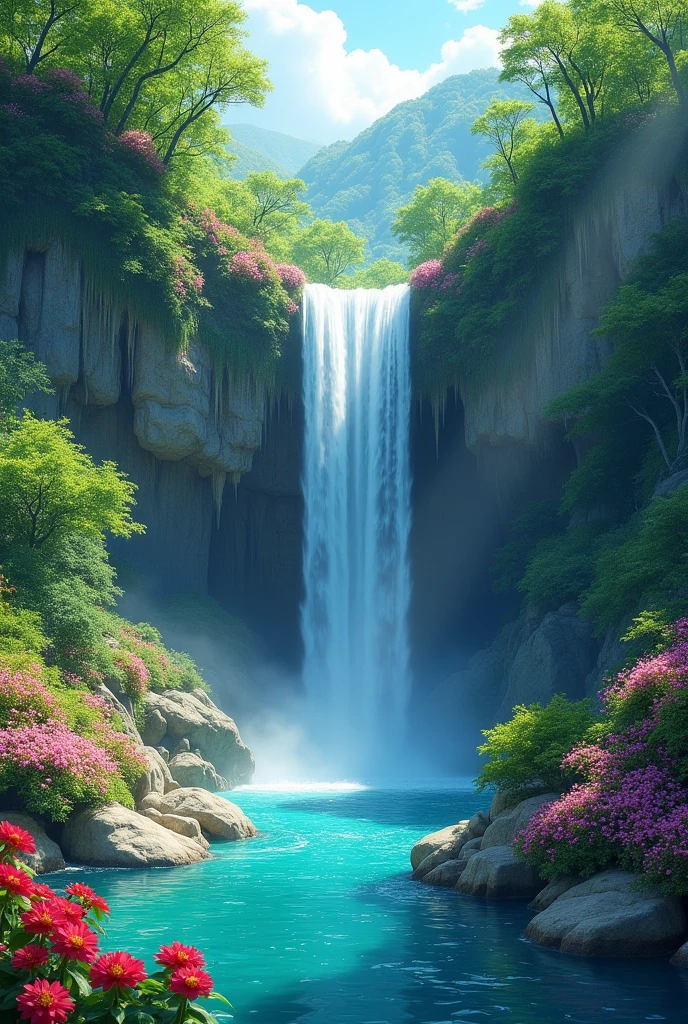A beautiful place with a waterfall and lots of green trees and flowers around it..
