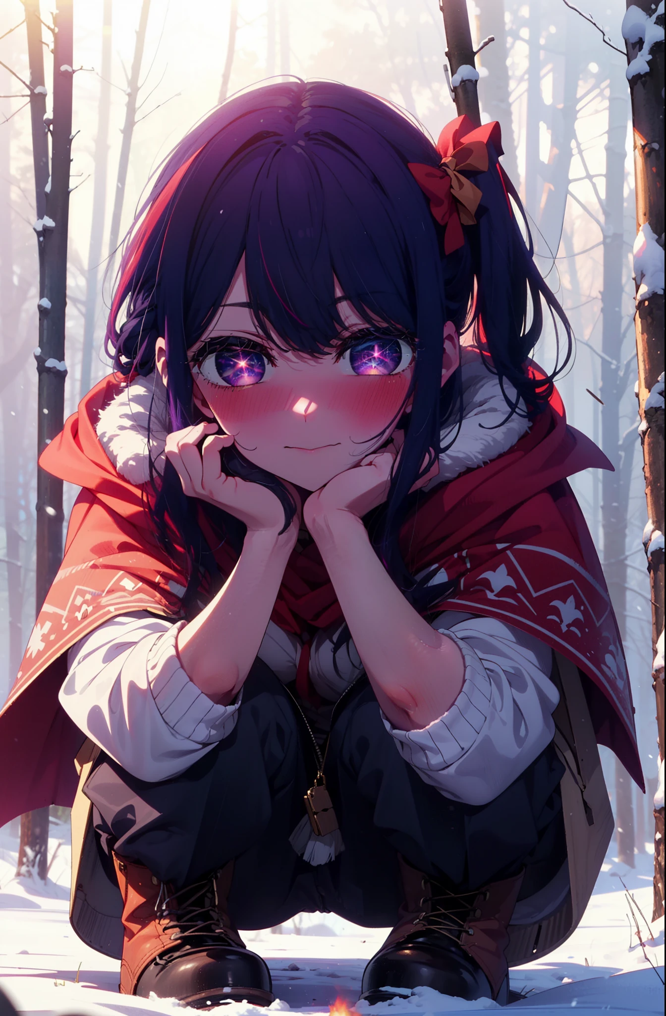 aihoshino, Ai Hoshino, Long Hair, bangs, (Purple eyes:1.1), Purple Hair, (Symbol-shaped pupil:1.5), smile,,smile,blush,white breath,
Open your mouth,snow,Ground bonfire, Outdoor, boots, snowing, From the side, wood, suitcase, Cape, Blurred, , forest, White handbag, nature,  Squat, Mouth closed, Cape, winter, Written boundary depth, Black shoes, red Cape break looking at viewer, Upper Body, whole body, break Outdoor, forest, nature, break (masterpiece:1.2), Highest quality, High resolution, unity 8k wallpaper, (shape:0.8), (Beautiful and beautiful eyes:1.6), Highly detailed face, Perfect lighting, Highly detailed CG, (Perfect hands, Perfect Anatomy),