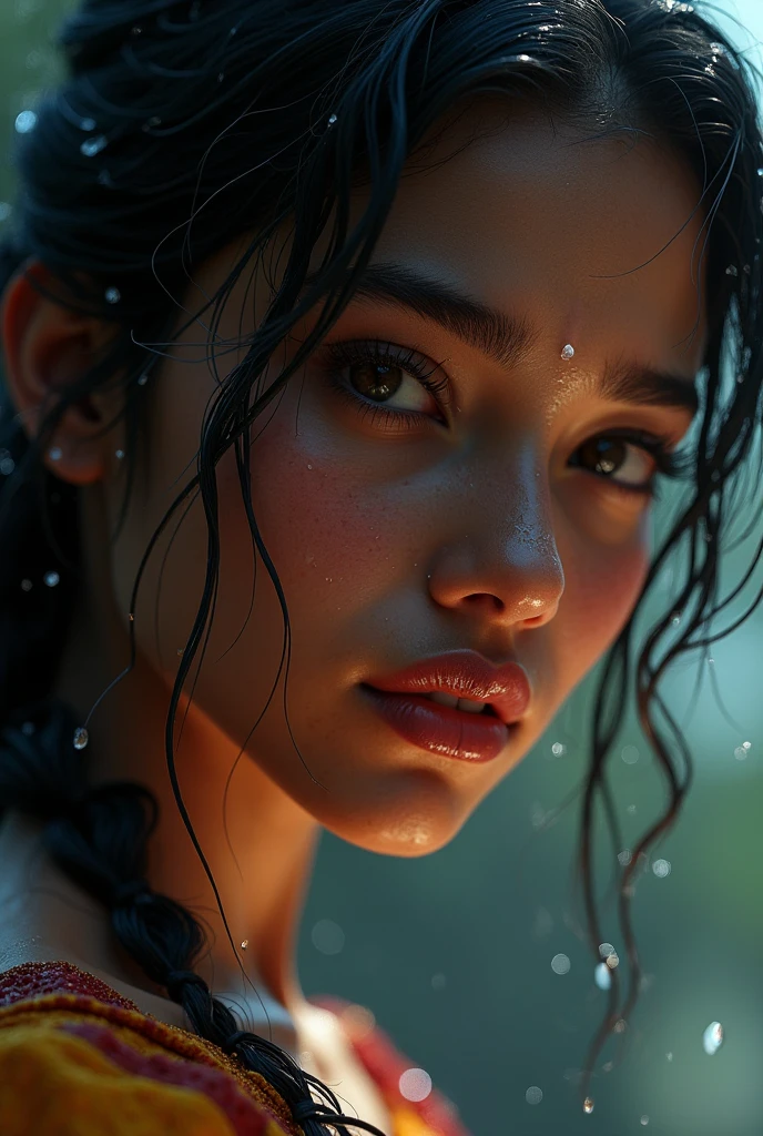 indian girl Wet face, rain drops on face , perfect masterpiece , extremly detailed CG UNITY 32K UHD quality resolution wallpaper, photorealistic, Raw photo, perfect photogenic clarity, official art, ultra hyper-realistic, ultra hyper-detailed, shiny realistic skin, ray tracing, unreal engine 5.8K, glowing ambient light cyberpunk, portrait anime