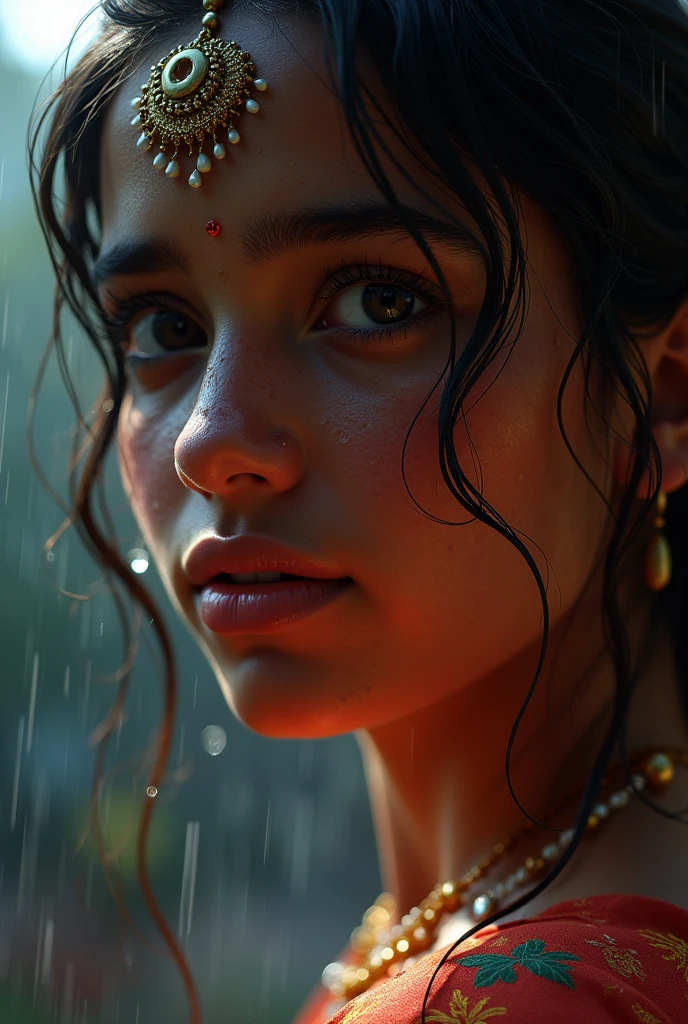 South indian girl, rain drops on face , perfect masterpiece , extremly detailed  CG UNITY 32K UHD quality resolution wallpaper, photorealistic, Raw photo, perfect photogenic clarity, official art, ultra hyper-realistic, ultra hyper-detailed, shiny realistic skin, ray tracing, unreal engine 5.8K, glowing ambient light cyberpunk, portrait anime 