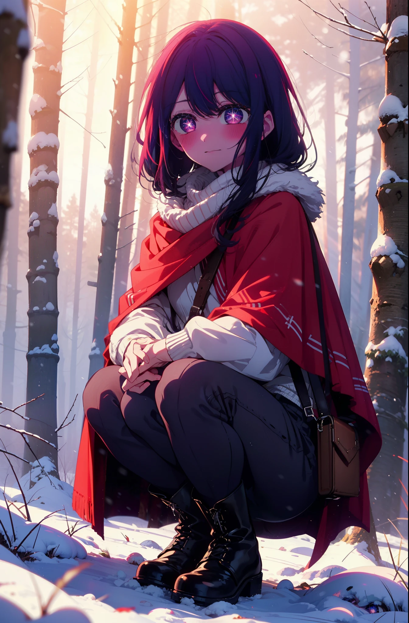 aihoshino, Ai Hoshino, Long Hair, bangs, (Purple eyes:1.1), Purple Hair, (Symbol-shaped pupil:1.5), smile,,smile,blush,white breath,
Open your mouth,snow,Ground bonfire, Outdoor, boots, snowing, From the side, wood, suitcase, Cape, Blurred, , forest, White handbag, nature, Squat, Mouth closed, Cape, winter, Written boundary depth, Black shoes, red Cape break looking at viewer, Upper Body, whole body, break Outdoor, forest, nature, break (masterpiece:1.2), Highest quality, High resolution, unity 8k wallpaper, (shape:0.8), (Beautiful and beautiful eyes:1.6), Highly detailed face, Perfect lighting, Highly detailed CG, (Perfect hands, Perfect Anatomy),
