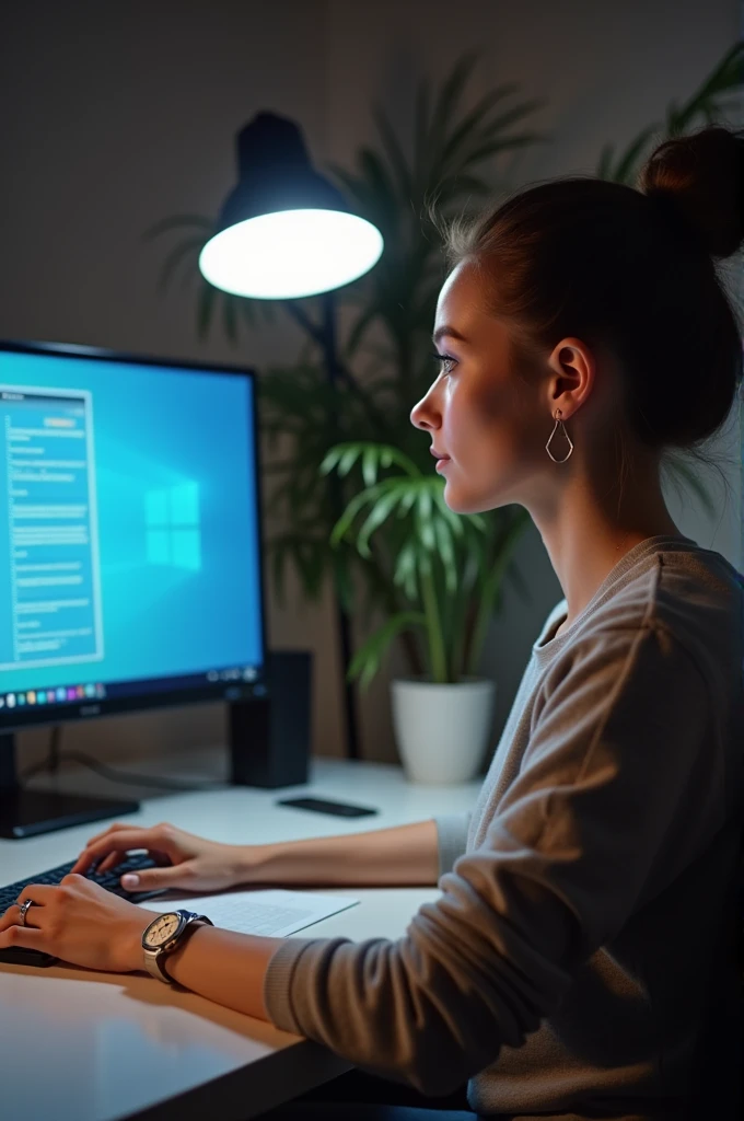 a woman working on her computer,photo realist, focus on the hand with the computer