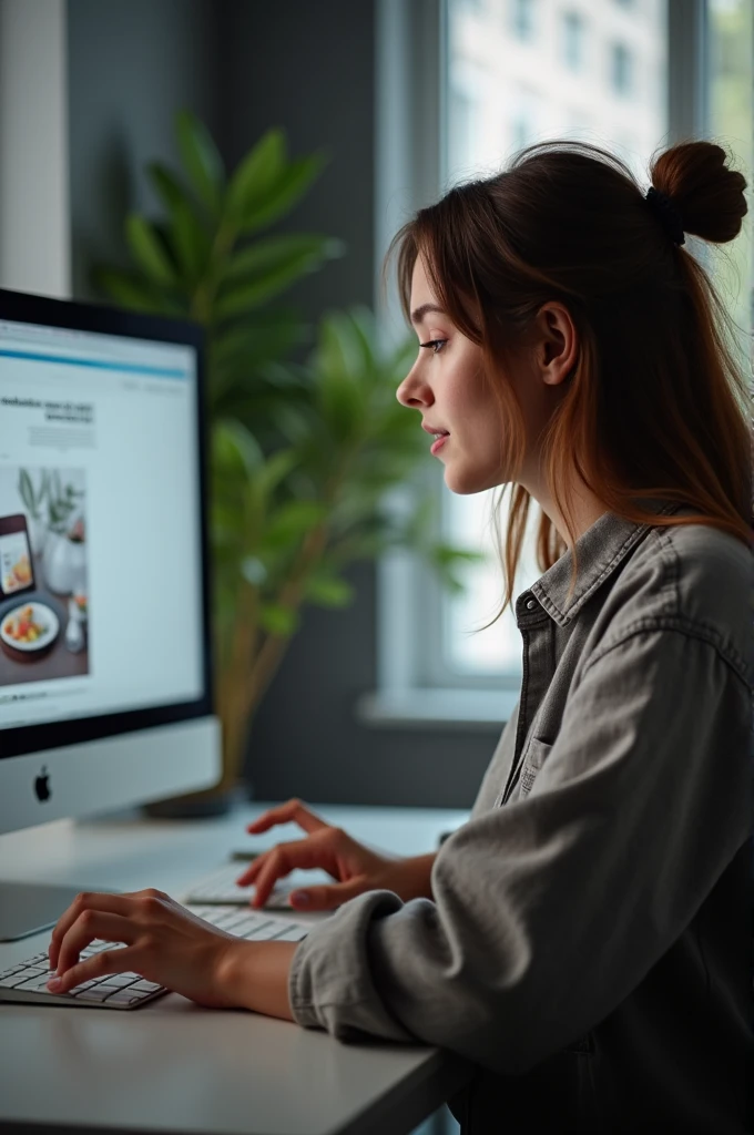 a woman working on her computer,photo realist, focus on the hand with the computer