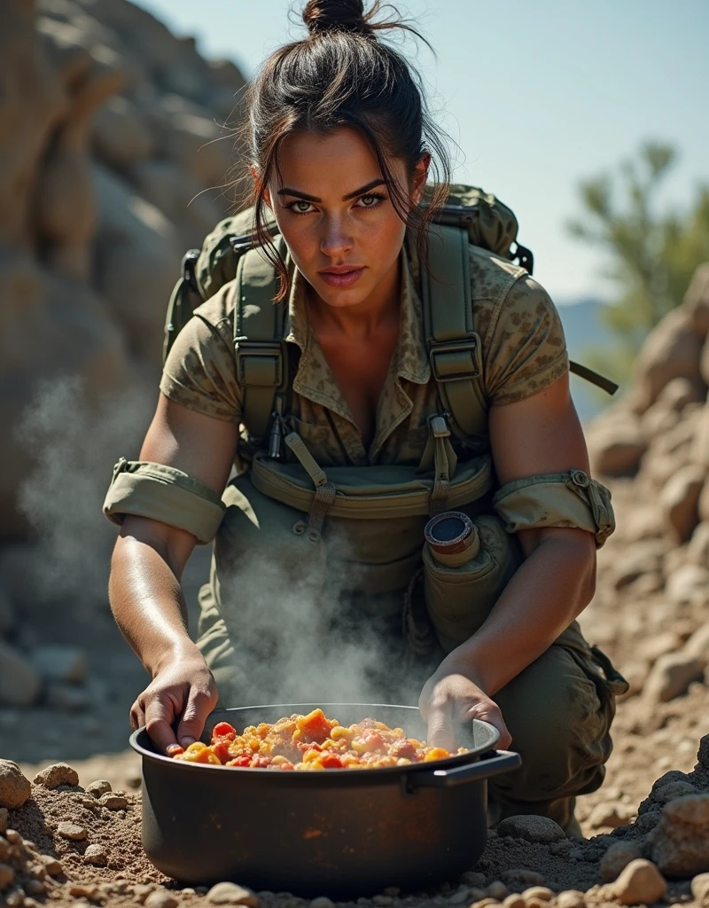 (Photorealism:1.2), Sexy woman, Female soldier cooking food, Combat Uniform