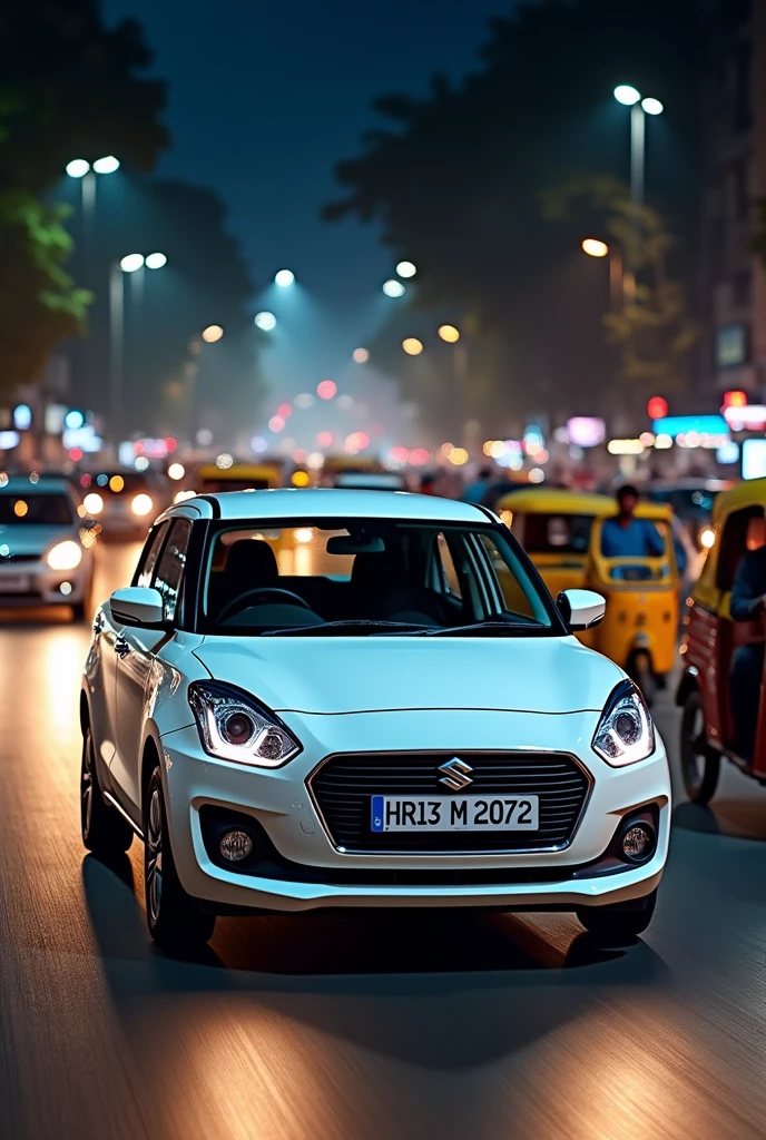 White swift vdi with registration number HR13 M 2072 hsrp driving in indian traffic night front