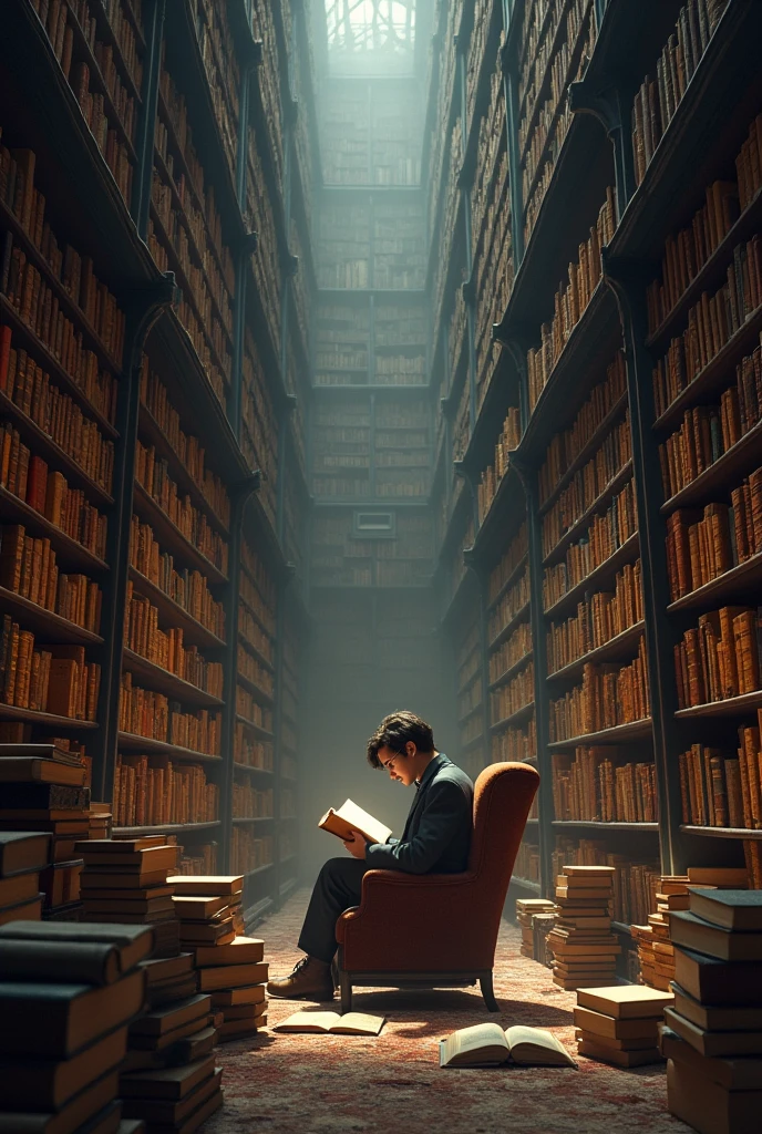 Reading many books in library many books around