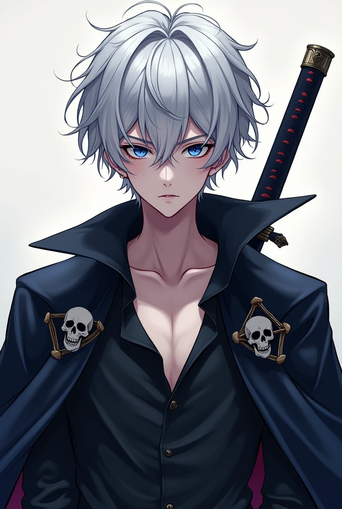 short white hair anime handsome boy with emotionless dark blue sharp eyes, white hair toned, with katana wearing open wide collar black shirt with a pirate cape in the shoulders, white skin tone