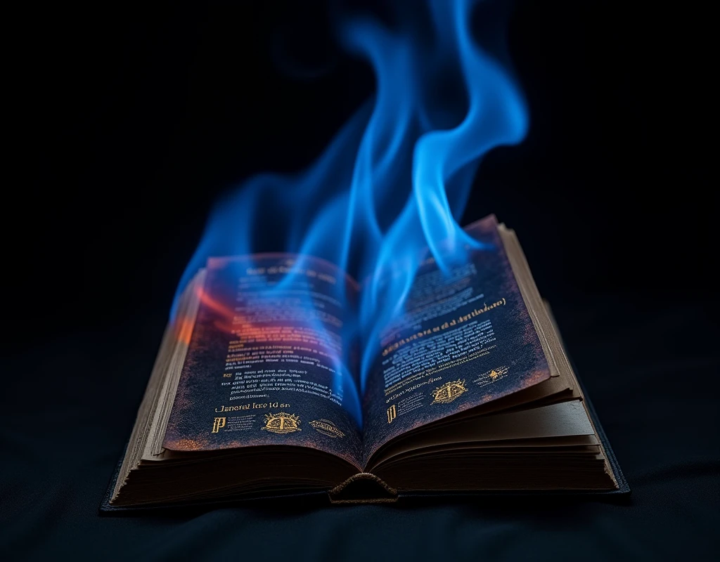Black book open standing, burning with blue base and red tip fire, The title on the cover says "wet gunpowder" in Spanish in gold letters and below by Eriko, on black photography background