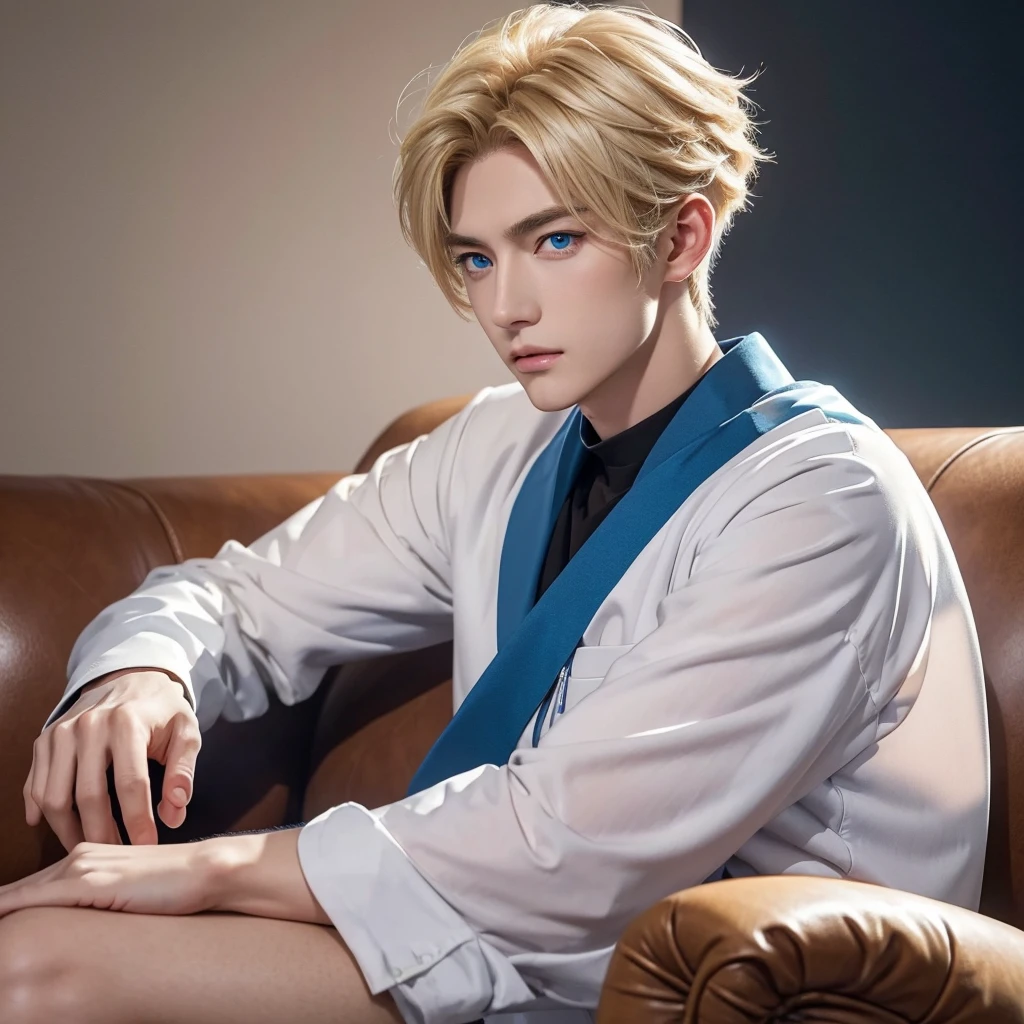 anime male with blue eyes and blonde hair sitting on a couch, anime handsome man, sakimichan, anime portrait of a handsome man, handsome stunning realistic, delicate androgynous prince, male anime character, sakimichan frank franzzeta, xqc, high quality portrait, cai xukun, trending on cgstation, male anime style, manhwa