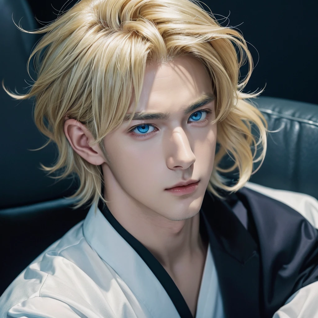 anime male with blue eyes and blonde hair sitting on a couch, anime handsome man, sakimichan, anime portrait of a handsome man, handsome stunning realistic, delicate androgynous prince, male anime character, sakimichan frank franzzeta, xqc, high quality portrait, cai xukun, trending on cgstation, male anime style, manhwa