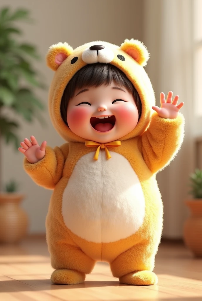 (girl),(()) ,3d images ,Highest quality 8K ,Chubby body shape,((Very fat)),Pink cheeks,podgy,Good mood, very happy,Gym is good,((Raise your hand to greet)),Put on a stuffed animal costume,Balanced lighting,blurred background,Middle of the picture