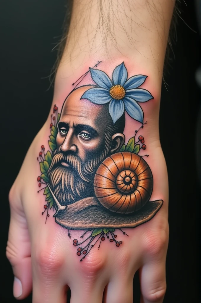 Make a tattoo on your hand with the god atlas holding Pascal's snail behind him from mathematical geometry and let there be a forget-me-not flower next to him