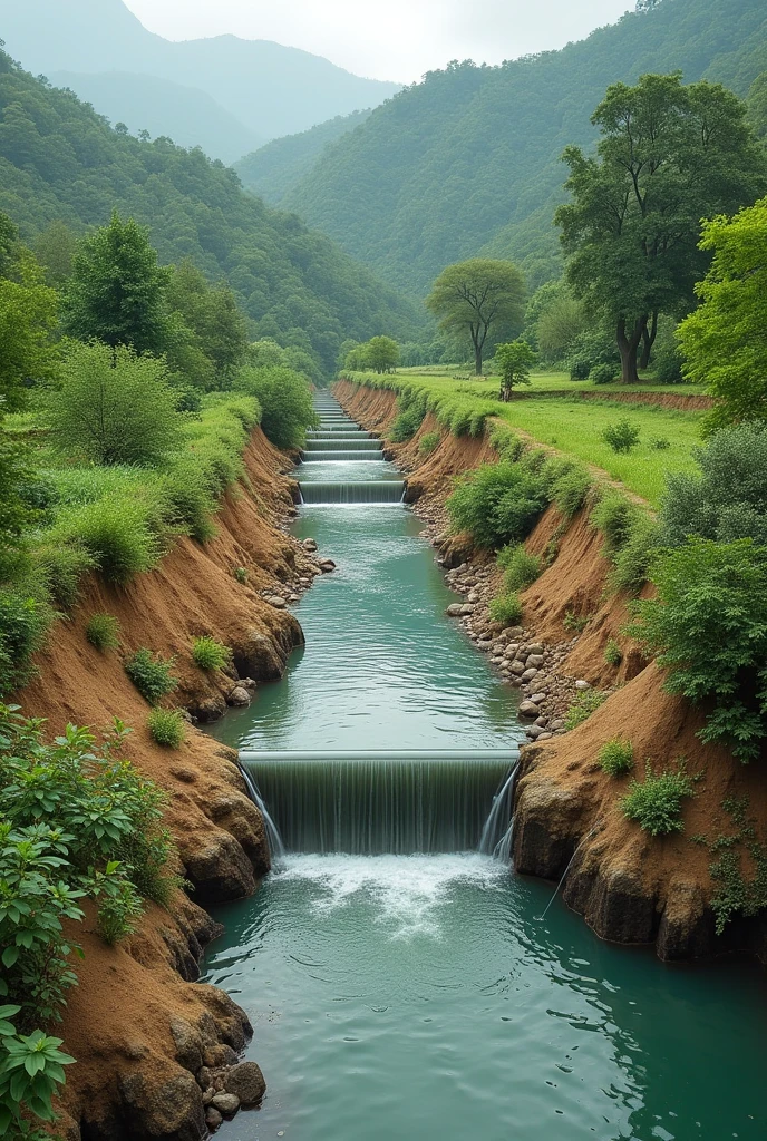 Make an image of an economically and environmentally sustainable diversion dam, built with earth dam in small rural areas, for the purpose of irrigating gardens based on the text: The pollution of the Santa Maria River and the resulting death of fish is a worrying issue that highlights the importance of sustainable management of water resources. The story of the fishermen from Ilha das Caieiras is not an isolated case, but rather a reflection of a broader environmental problem affecting many aquatic ecosystems. The construction of dams, For example, it has been a common practice that, despite its benefits in terms of power generation and flood control, can have significant negative effects on rivers. Siltation and reduced water flow alter the natural habitat, affecting biodiversity and water quality. Furthermore, increased turbidity and reduced dissolved oxygen levels can have devastating consequences for aquatic life. It is essential that competent authorities carry out a rigorous environmental assessment and implement mitigation measures to protect these vital ecosystems.. The adoption of diversion dams, that allow a more natural flow of water, may be a viable solution to balance human needs with environmental preservation. Environmental awareness and education also play a crucial role in promoting sustainable practices and preventing future damage to our water resources..