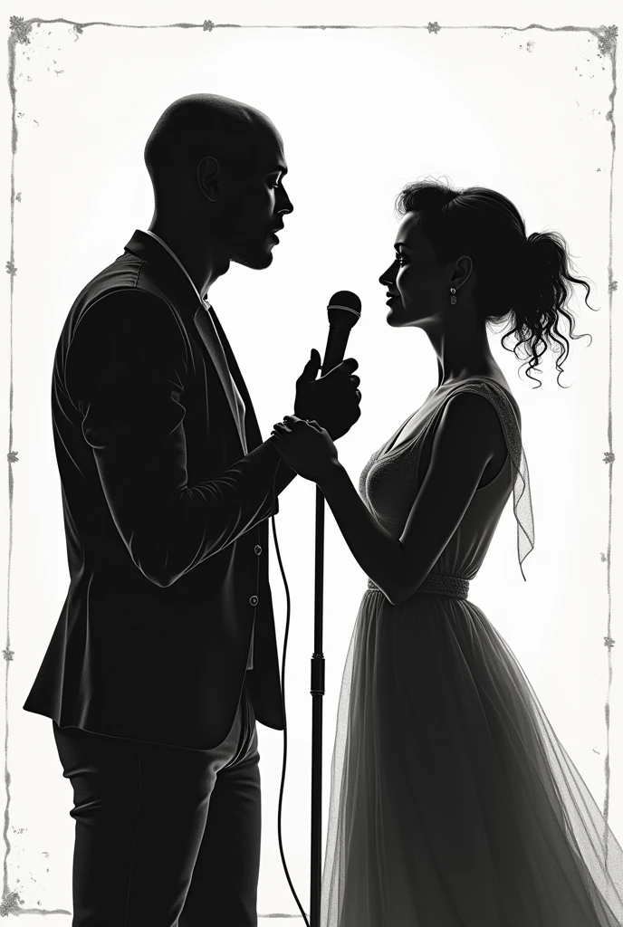 1 tall, strong black male singer with shaved hair and 1 white female singer, singing facing each other on stage, black and white silhouette, hand-drawn style, each with a vintage microphone