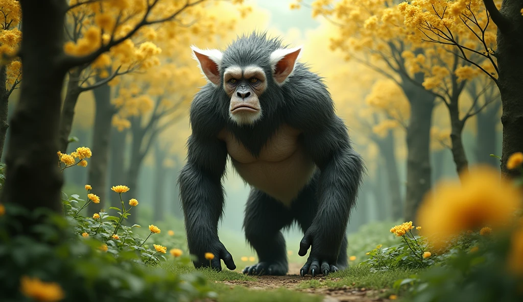 Front view,There is a wild beast in the osmanthus forest,Looks like an ape but has white ears,Standing and walking(best quality,4K,8k,High level,masterpiece:1.2),Ultra Detailed,(lifelike,Photo real,Photo real:1.37)