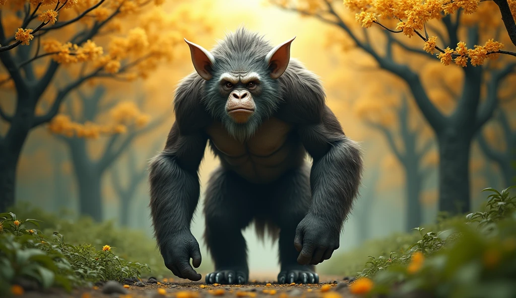 Front view，There is a wild beast in the osmanthus forest，Looks like an ape but has white ears，Standing and walking（best quality，4K，8k，High level，masterpiece：1.2），Ultra Detailed，（lifelike，Photo real，Photo real：1.37）
