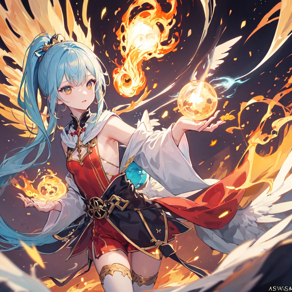 ((Highest quality))(((One person)))(Anatomically correct)(long side ponytail 1.4)(detailed),Turned this way, Angelic,Wrapped in flames((Small breasts))(Young)((Large wings))((A wizard&#39;s robe that exposes little skin))((Long blonde hair))((Holding a spear with a sickle))(Wearing flames)((Purple Eyes))Mysterious Temple、Not sensitive