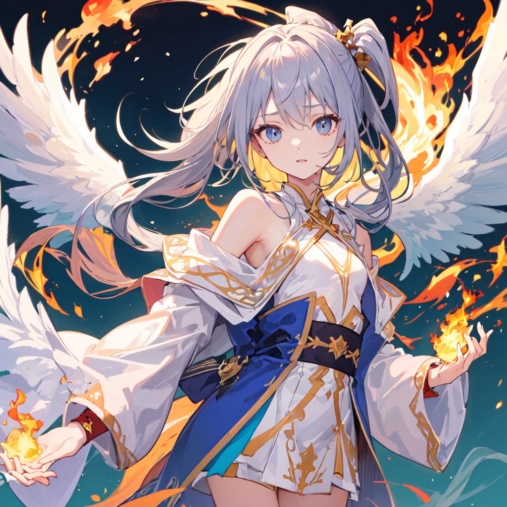 ((Highest quality))(((One person)))(Anatomically correct)(long side ponytail 1.4)(detailed),Turned this way, Angelic,Wrapped in flames((Small breasts))(Young)((Large wings))((A wizard&#39;s robe that exposes little skin))((Long blonde hair))((Holding a spear with a sickle))(Wearing flames)((Purple Eyes))Mysterious Temple、Not sensitive