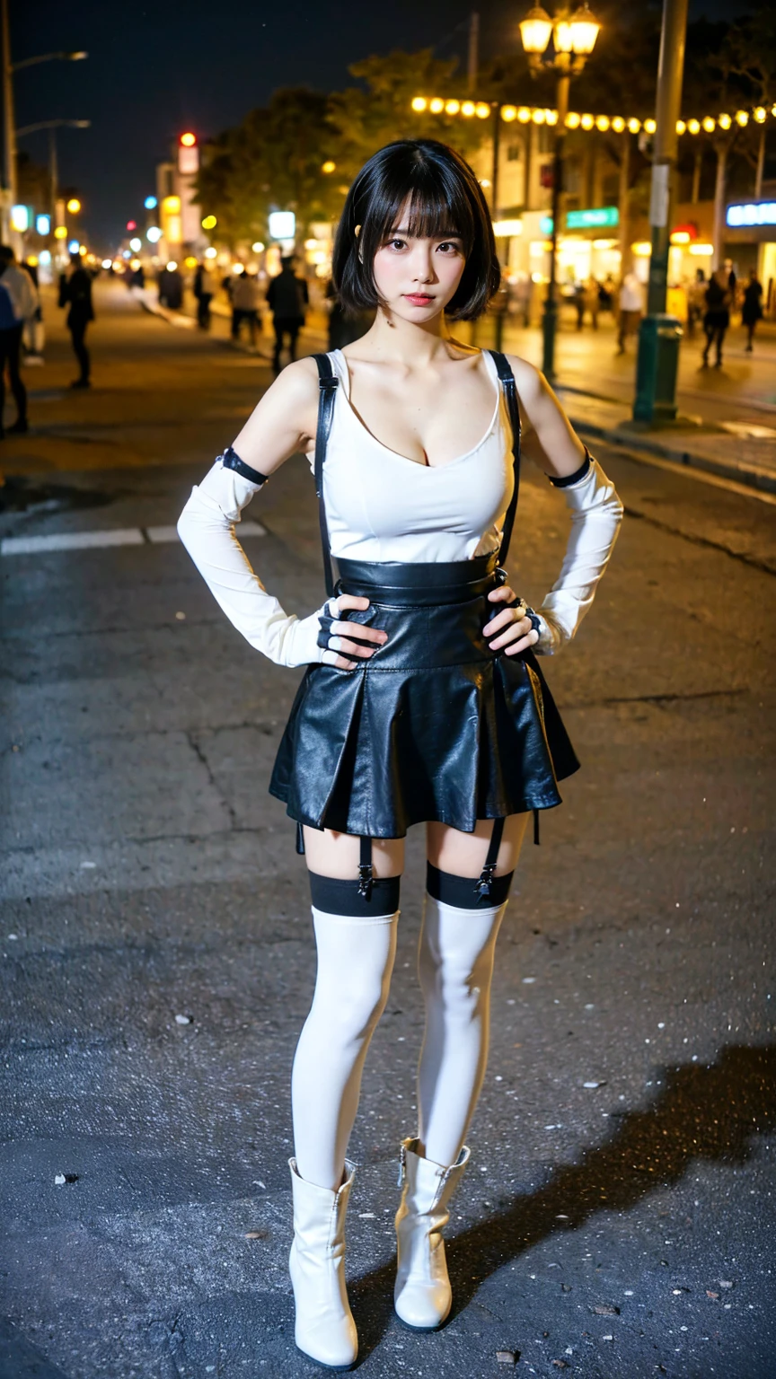 (8k、RAW Photos、Highest quality、masterpiece:1.2)、(Realistic、Realistic)、1 person、((black and white、Cleavage、Medium Hair、tights、Gloves、Garter Ring、mini skirt、Thin legs、whole body、boots、View from the front、Looking into the camera、Night Park、Stand with hands on hips))、cute