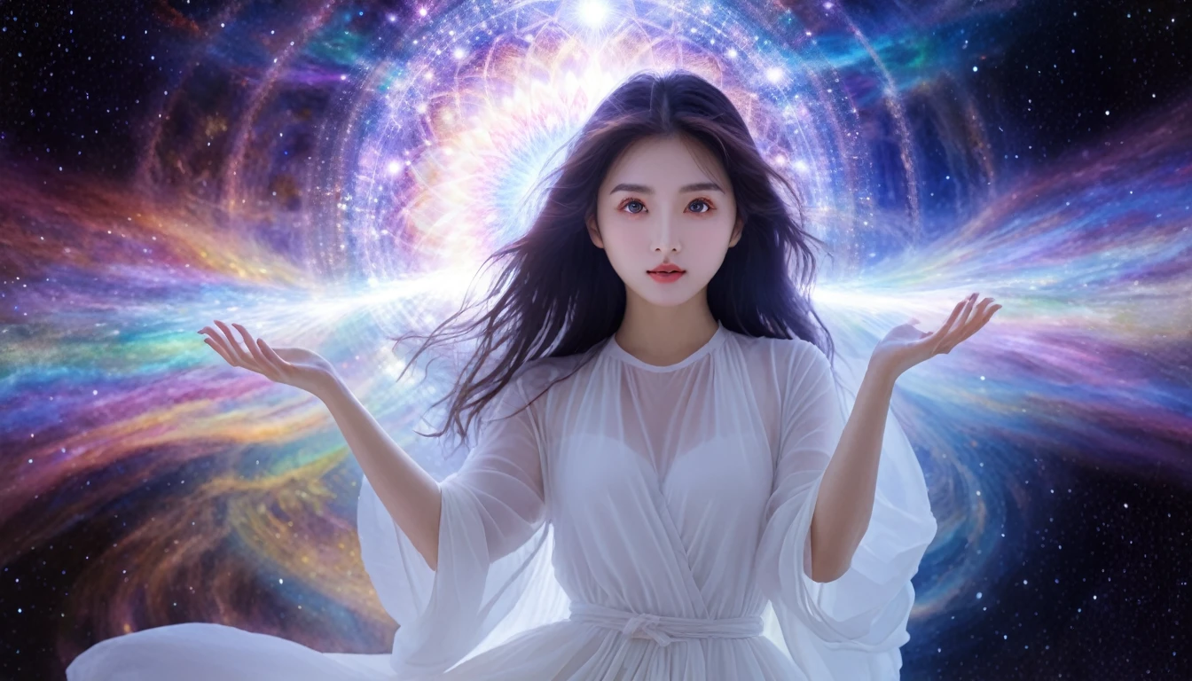 Highest quality, One person, Beautiful eyes, camera(Show the whole body), universe,Mind Aura Cleansing,The whole body is purified,A beautiful woman with a beloved aura