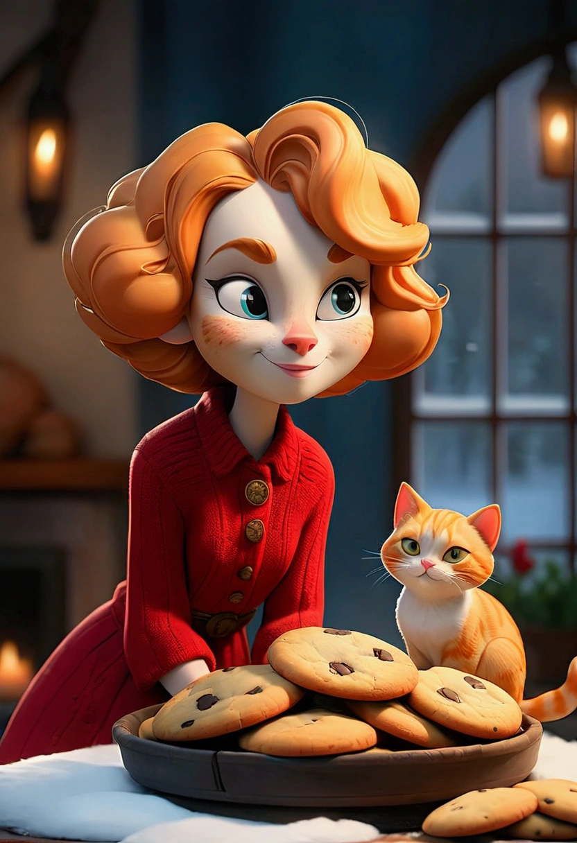 Winter Evening, a cozy room, warm house, stacking firewood, with a tray of freshly baked cookies in front, a young cat ginger wearing casual clothes, a mature cat wearing red classy dress, talking, smiling,