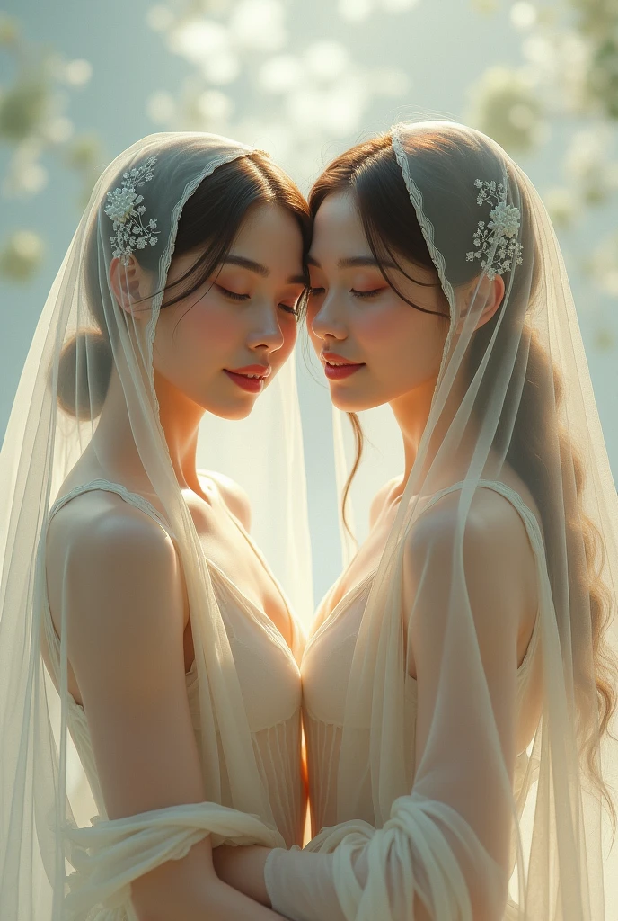 Two heavenly women with completely white and clear faces without spots, smiling faces with red lips and scarves, should be next to one man