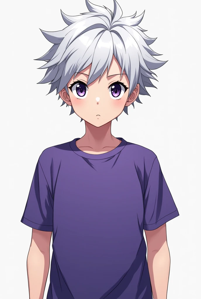 create A boy character with white hairs hairs and purple blue t shirt Anime and he looking to me startgh pose with black eye