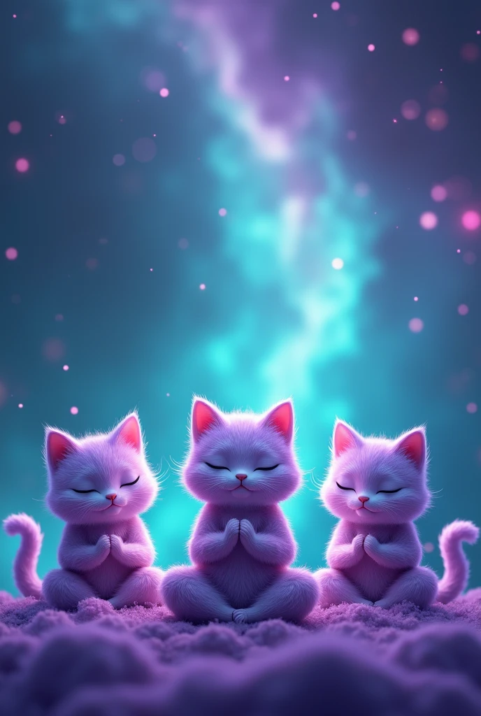 Create three cute cats, cute, hiper realisitic, realisitic, They are meditating, they are purple, Are they happy, and the background is the turquoise and purple galaxy