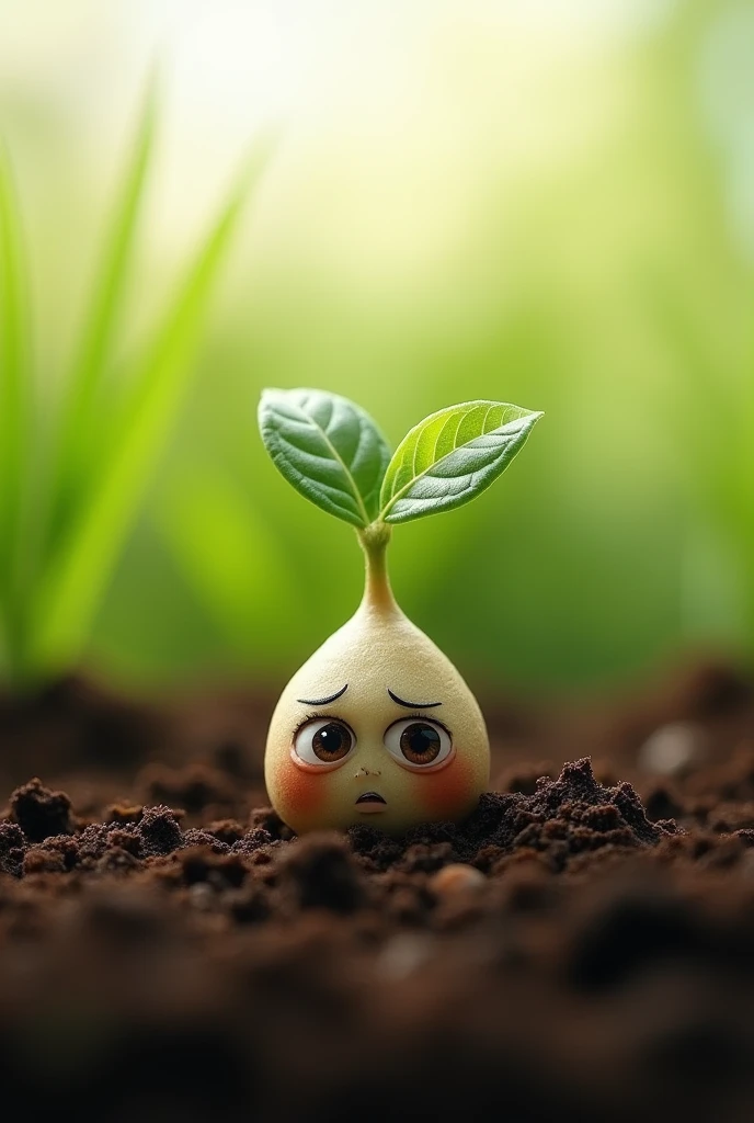 A close-up of the tiny seed, slightly buried in the soil, with a worried expression. The seed's small sprout is starting to emerge. A gentle breeze rustles the grass around it, and the background shows the wide green field and a bright sky.