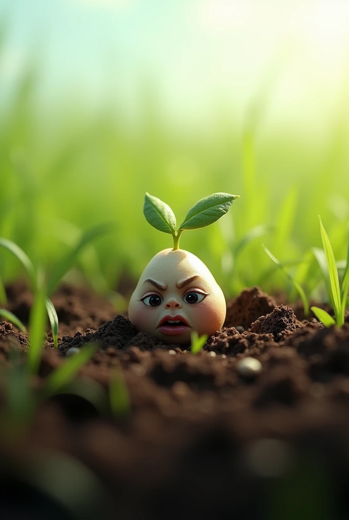 A close-up of the tiny seed, slightly buried in the soil, with a worried expression. The seed's small sprout is starting to emerge. A gentle breeze rustles the grass around it, and the background shows the wide green field and a bright sky.