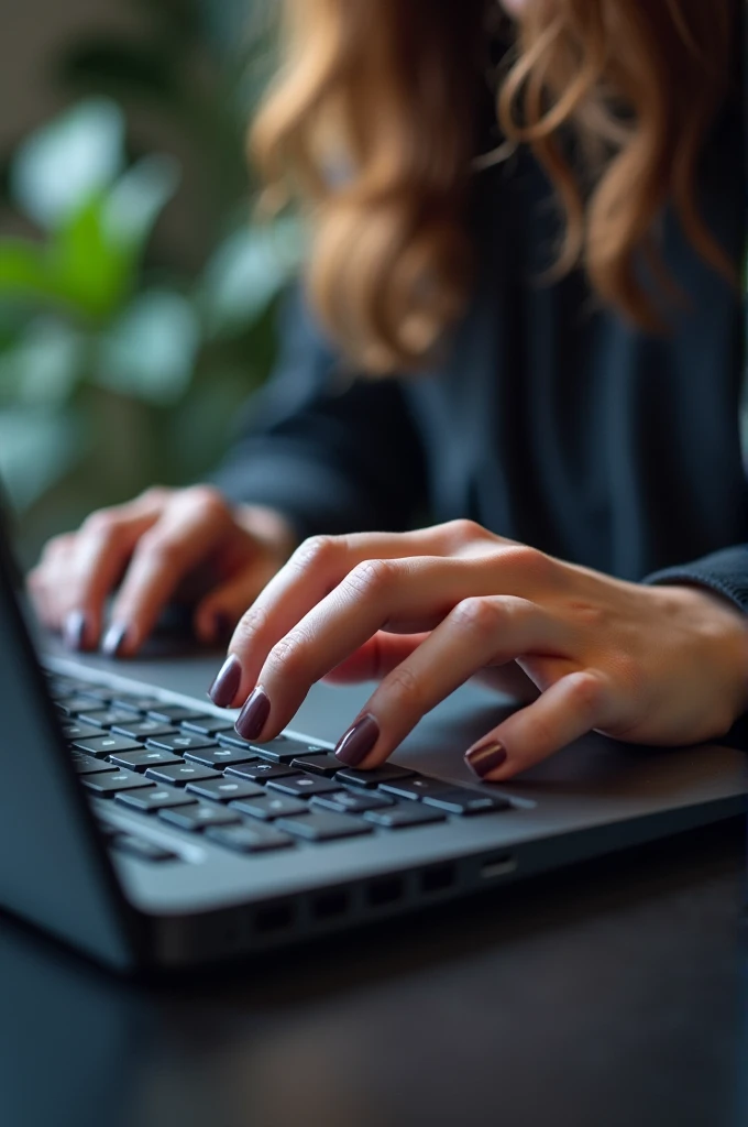 focus on a woman's hand using the computer, realisitic