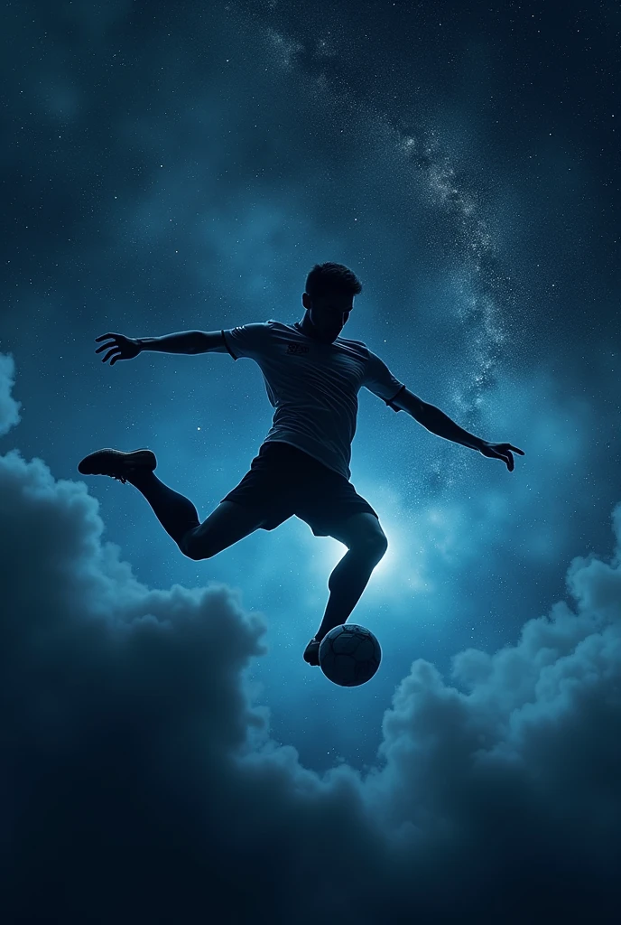 A soccer player doeing bicycle kick with black and star filled background