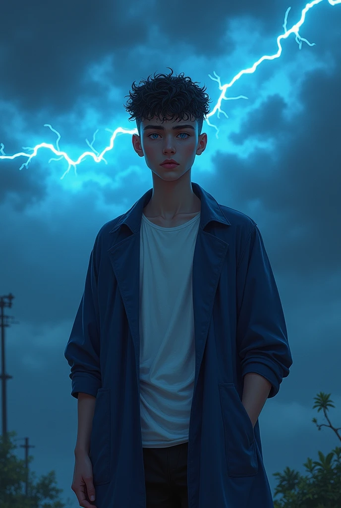 Male teenager of , tall and slim, tanned white skin, blue-brown eyes and red lips. black and curly hair, shaved on the sides. Wearing a white shirt and a blue coat and black pants. Blue lightning and dark clouds in the background